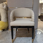 Barrel-Back Dining Chair with Channeled Leather and Horizontal Metal Belt